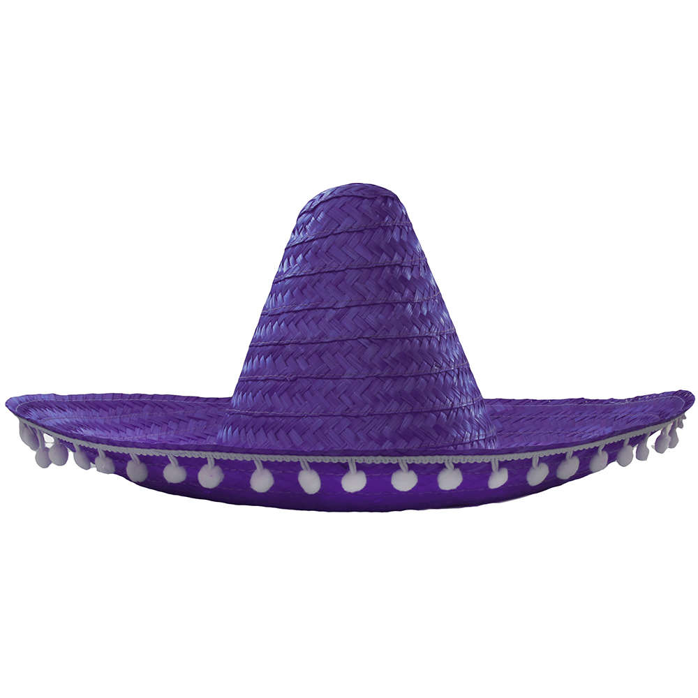 Purple Mexican Sombrero with Pom Pom Edging - I Love Fancy Dress